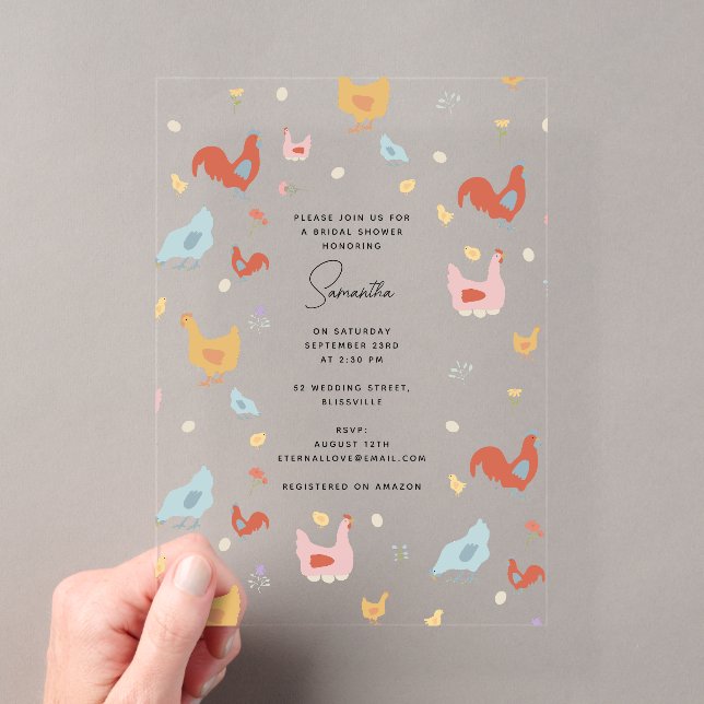 Cute Chickens Hens and Baby Chicks Bridal Shower Acrylic Invitations (Insitu (Handheld))