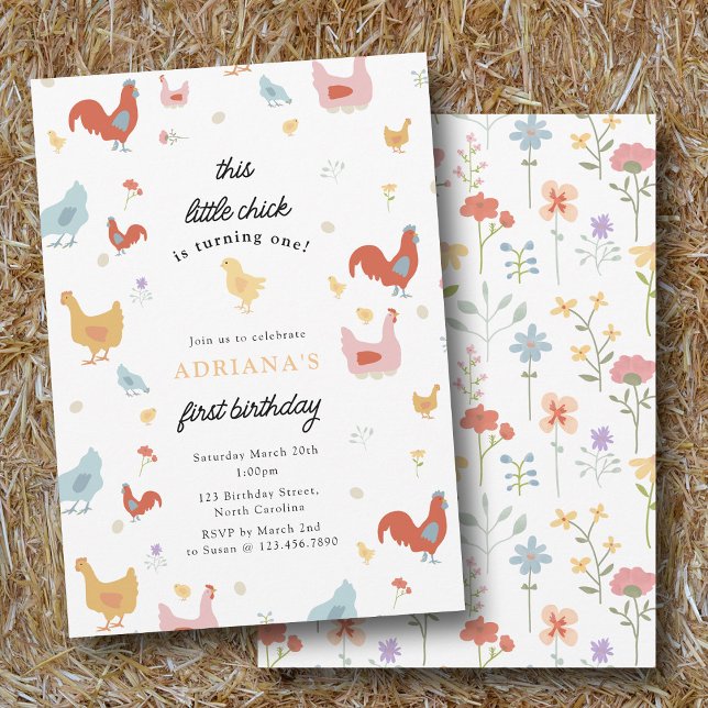 Cute Chickens Hens and Chick Girl First Birthday Invitation (Cute Chickens Hens and Chick Girl First Birthday Invitation)