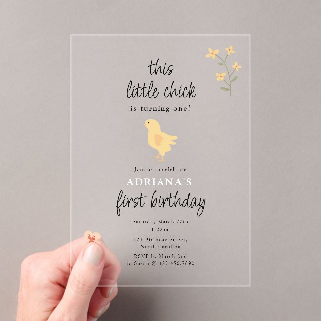 Cute Chickens Hens and Chick Turning One Birthday Acrylic Invitations (Insitu (Handheld))