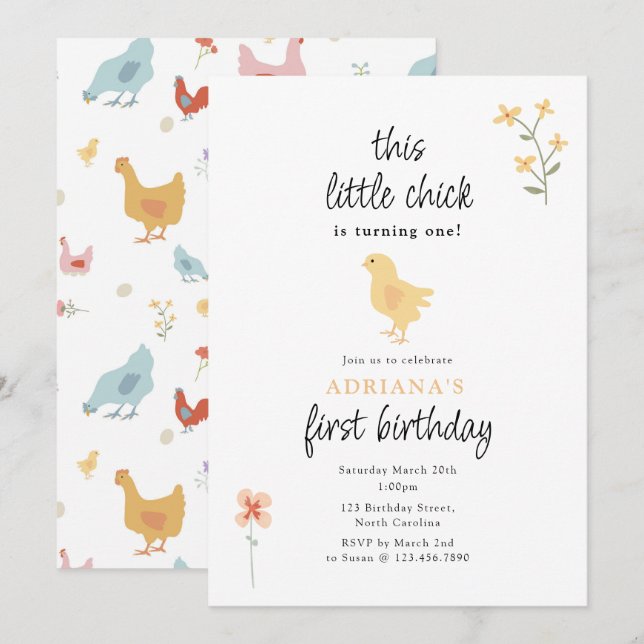 Cute Chickens Hens and Chick Turning One Birthday Invitation (Front/Back)
