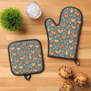 Cute Chickens Hens Colourful Bird Pattern Oven Mitt & Pot Holder Set