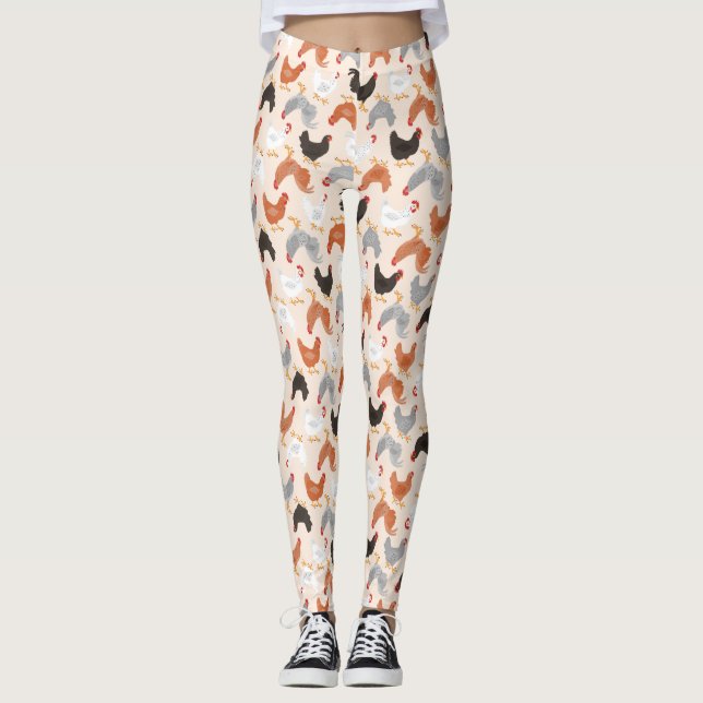 Cute Chickens on Light Beige Leggings (Front)