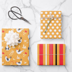 Cute Chickens Stripes Wrapping Paper Set of 3