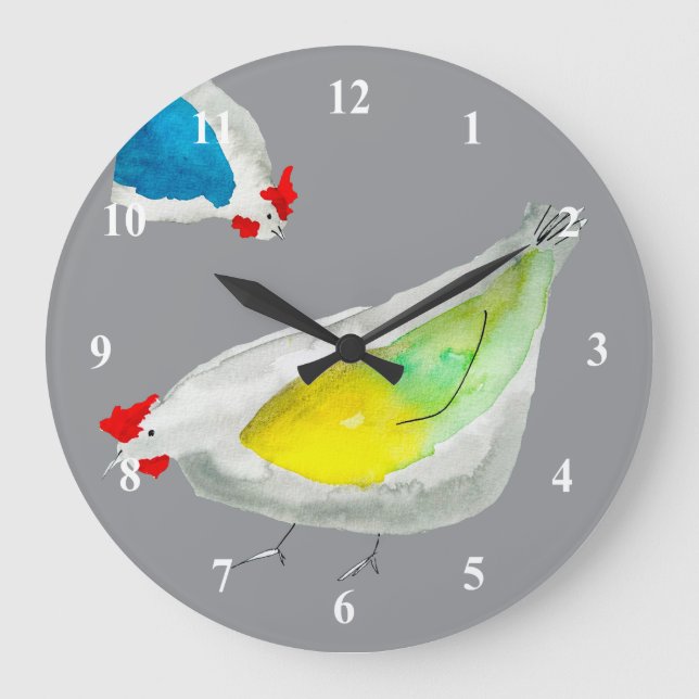 Cute chickens watercolor large clock (Front)