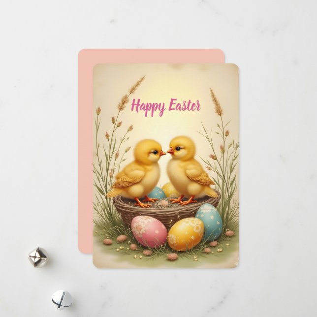 Cute chicks and colorful Easter eggs, nostalgic  Holiday Card (Front/Back In Situ)