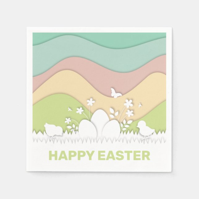 Cute chicks and easter egg in colourful nature napkin (Front)