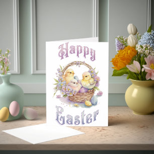 Cute Chicks and Eggs in a Basket Watercolor Card