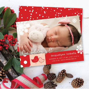 Cute Chicks And Whimsical Snowflakes Photo Birth Holiday Card