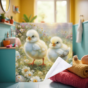 Cute chicks in a meadow with Easter eggs, vintage Wash Cloth