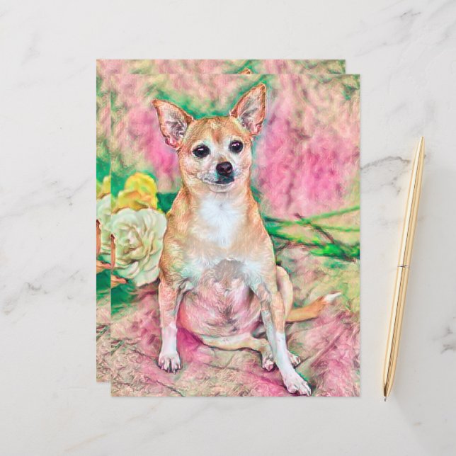 Cute Chihuahua Art Pink Green Dog Portrait (Front/Back In Situ)