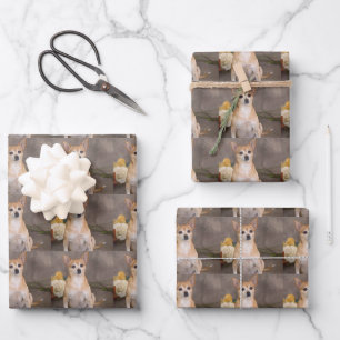 Cute Chihuahua Dog Floral Pet Portrait Pattern Wrapping Paper Sheet