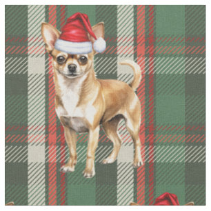 Cute Chihuahua Dog Green and Red Plaid Christmas Fabric