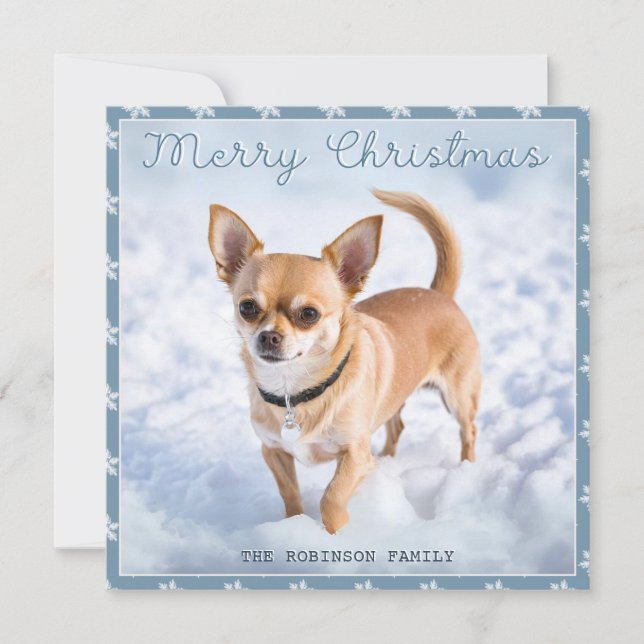 Cute Chihuahua Dog In Snow Pretty Snowflakes Holiday Card (Front)