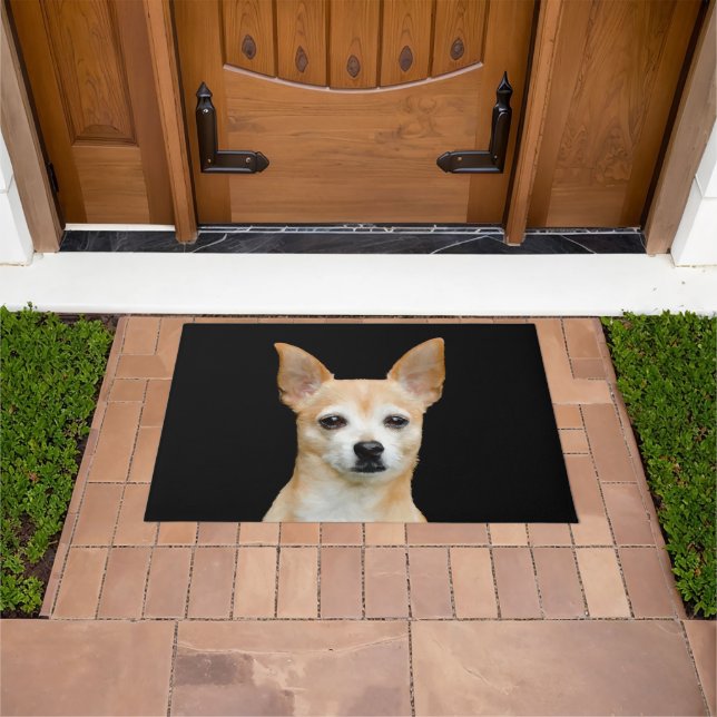 Cute Chihuahua Dog Tan Black Art Pet Portrait Doormat (Outdoor)
