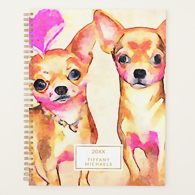 Cute Chihuahua Dogs Pink Heart Watercolor Planner (Front)