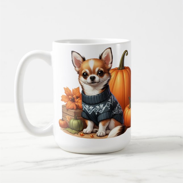 Cute Chihuahua in Sweater with Pumpkins Coffee Mug (Left)