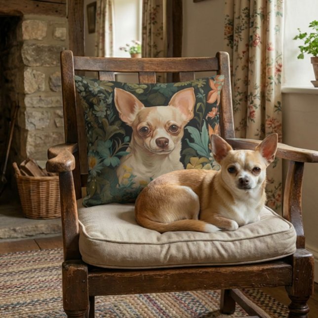Cute Chihuahua in William Morris Style Garden Throw Pillow (Creator Uploaded)