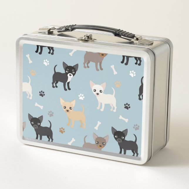 Cute Chihuahua Pattern Blue Metal Lunch Box (Front)