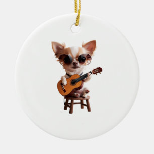 cute chihuahua playing classical guitar cartoon fu ceramic ornament