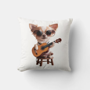 cute chihuahua playing classical guitar cartoon fu throw pillow