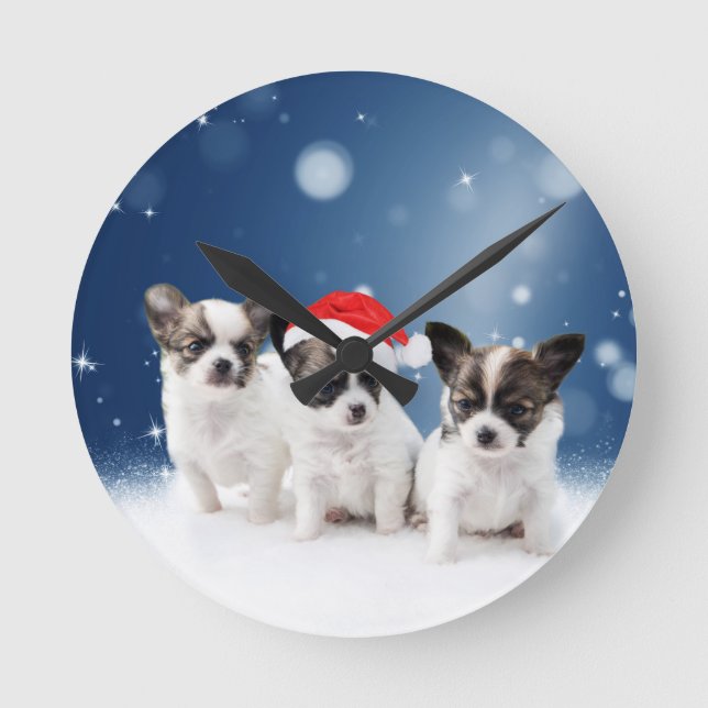Cute Chihuahua Puppies with Santa Hat Christmas Round Clock (Front)