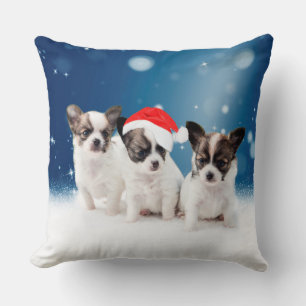 Cute Chihuahua Puppies with Santa Hat Christmas Throw Pillow