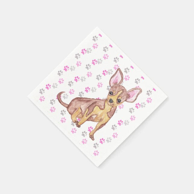 Cute Chihuahua Puppy in Watercolor and Paw Prints Napkin (Corner)
