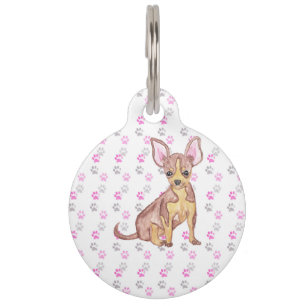 Cute Chihuahua Puppy in Watercolor and Paw Prints Pet Tag