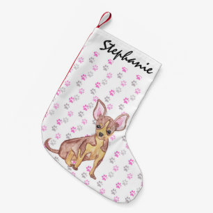Cute Chihuahua Puppy in Watercolor and Paw Prints Small Christmas Stocking