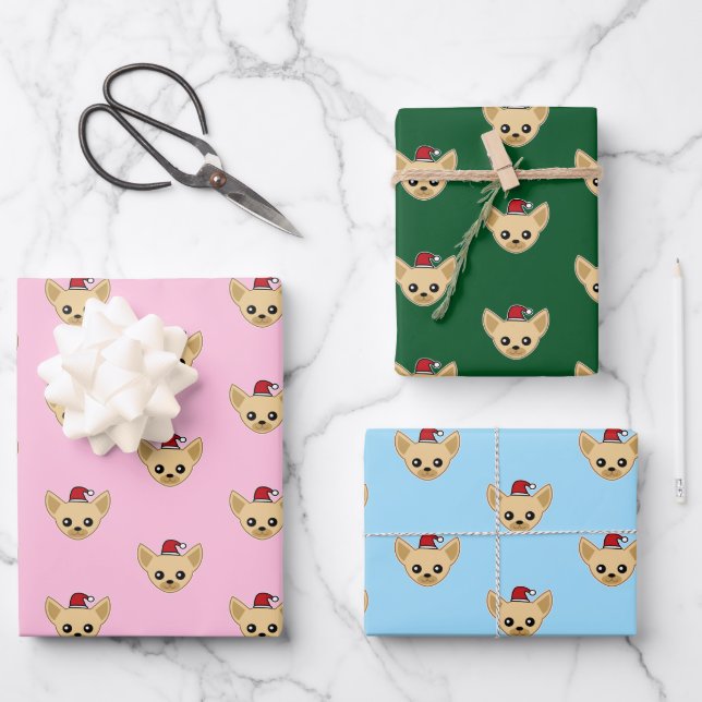 Cute Chihuahua Santa Hat Wrapping Paper Sheet (Front)
