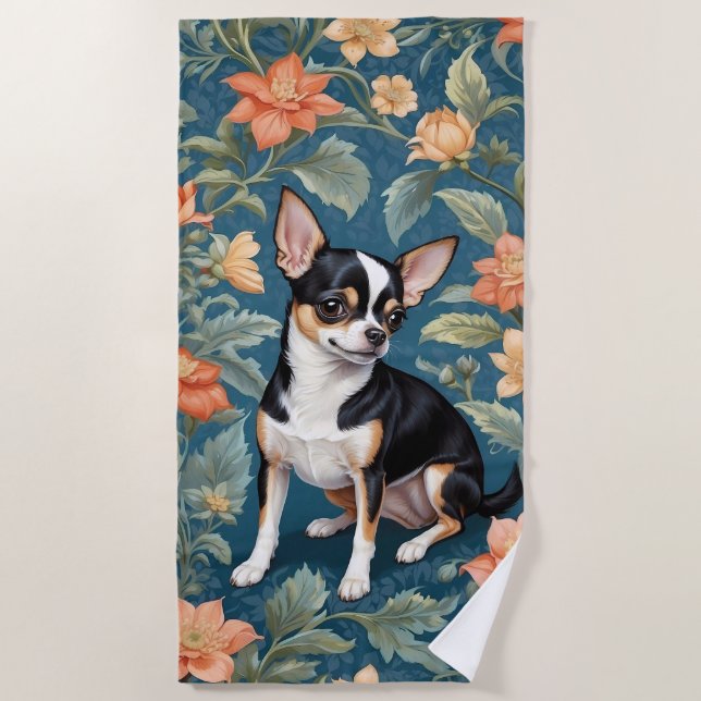 Cute Chihuahua William Morris Inspired Floral Beach Towel (Front)