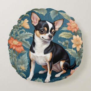 Cute Chihuahua William Morris Inspired Floral Round Pillow