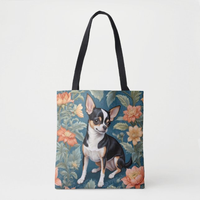 Cute Chihuahua William Morris Inspired Floral Tote Bag (Front)