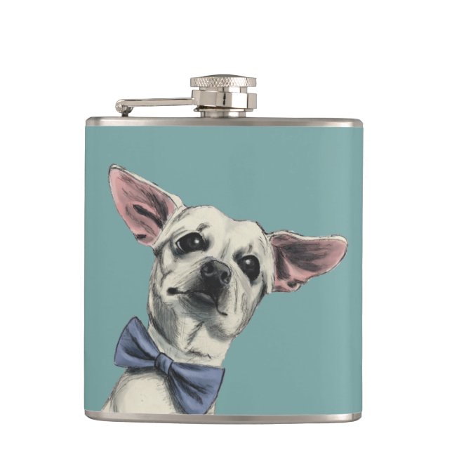 Cute Chihuahua with Bow Tie Drawing Hip Flask (Front)