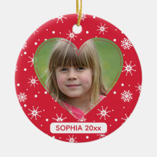 Cute Child Photo Snowflakes Red Christmas Ceramic Ornament