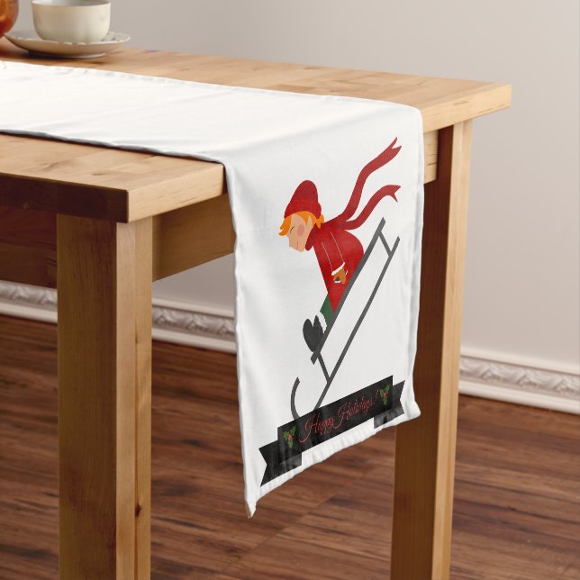CUTE CHILD SLEDDING IN RED CHRISTMAS SHORT TABLE RUNNER (In Situ)
