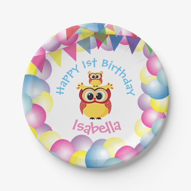 Cute children baby owl birthday paper plate (Front)