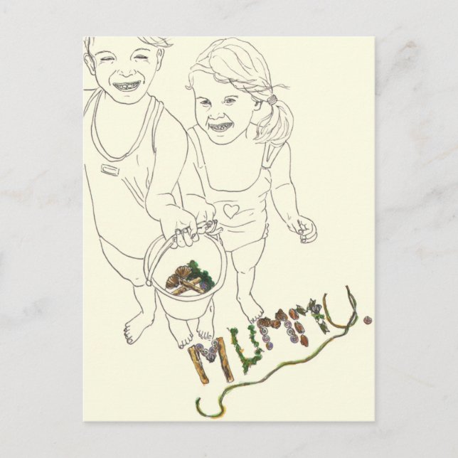 Cute Children Seaside Mummy Funny Line Drawing Art Postcard (Front)