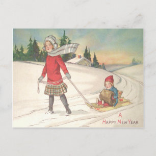 Cute Children Sledding Sled Snow Postcard