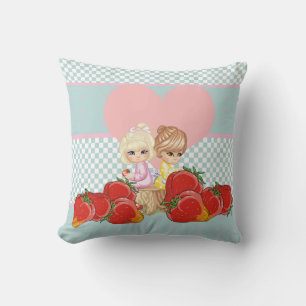 Cute children with strawberries Kawaii friends Throw Pillow