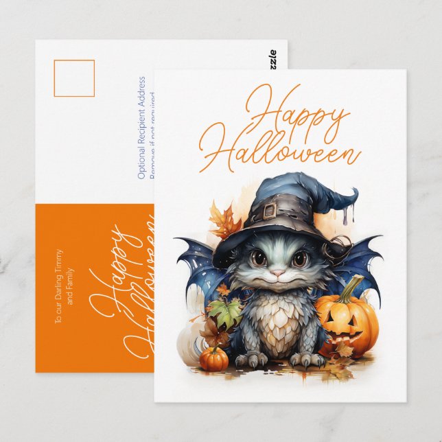 Cute Children's Watercolor Baby Dragon Halloween Postcard (Front/Back)