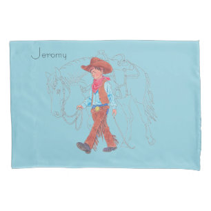 Cute Childs Blue Cowboy and Horse Pillow Case