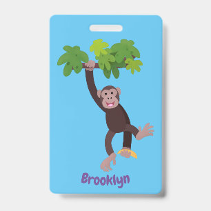 Cute chimpanzee in jungle hanging cartoon badge