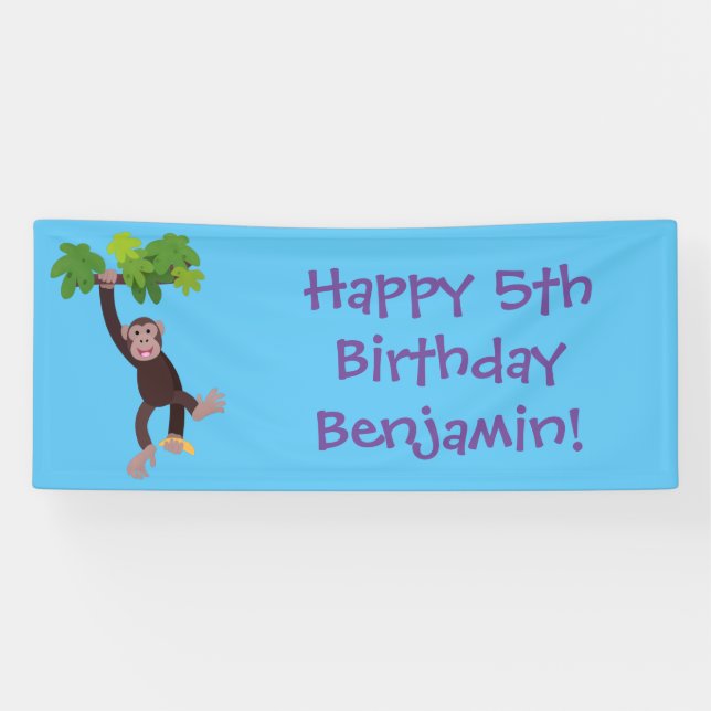 Cute chimpanzee in jungle hanging cartoon banner (Horizontal)