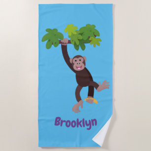 Cute chimpanzee in jungle hanging cartoon beach to towel