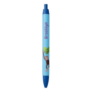Cute chimpanzee in jungle hanging cartoon black ink pen