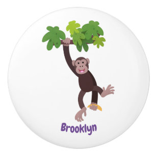 Cute chimpanzee in jungle hanging cartoon ceramic knob