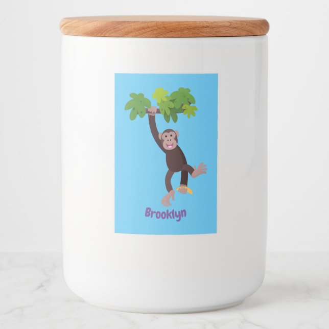 Cute chimpanzee in jungle hanging cartoon food label (Front)