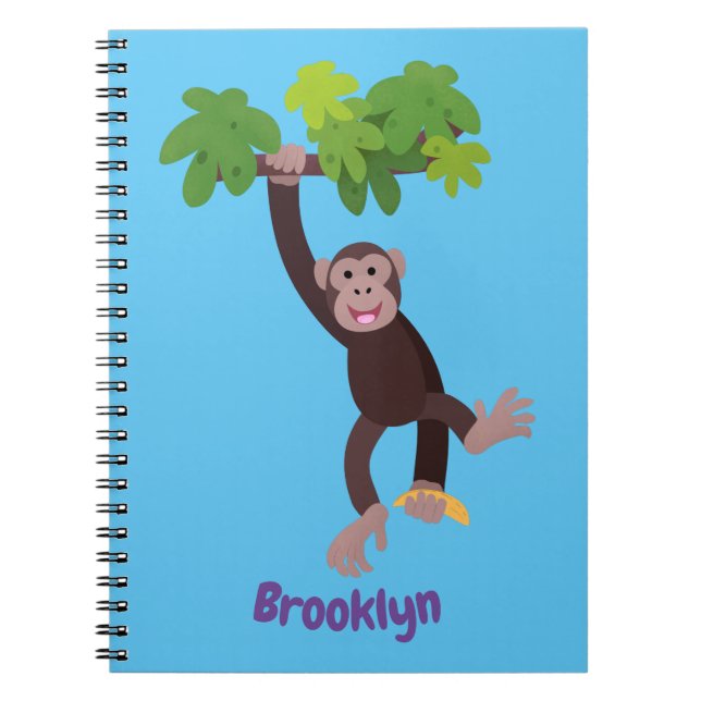 Cute chimpanzee in jungle hanging cartoon notebook (Front)