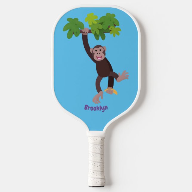 Cute chimpanzee in jungle hanging cartoon  pickleball paddle (Front)